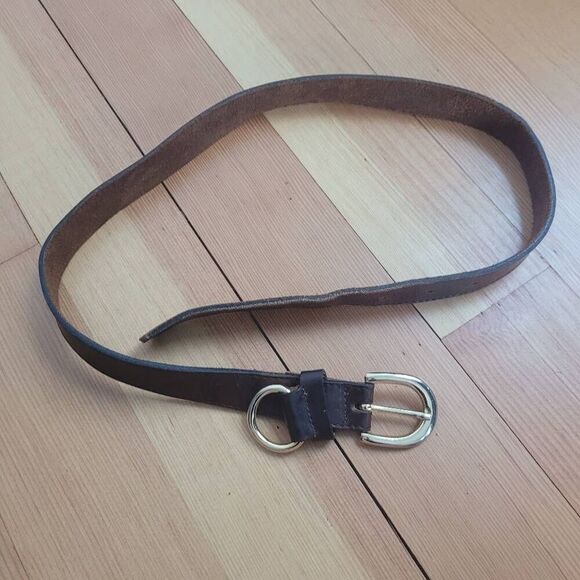 brown leather belt gold buckle 1 inch wide preppy minimalist academia - Picture 1 of 6